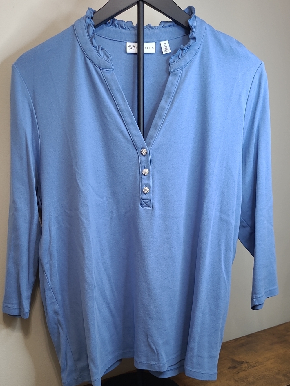 Rafaella Periwinkle Ruffled Neckline Henley Blouse with Pearl Buttons size 1X